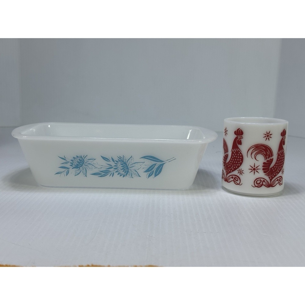 Vintage Glasbake J-522 Blue Thistle Baking Dish & Atlas Red Rooster Coffee Cup